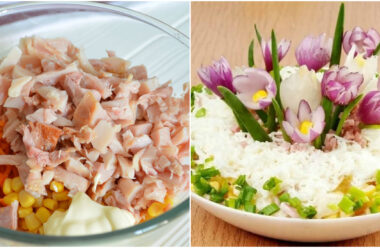 Святковий салат до 8 березня. Виходить ситний та дуже смачний.