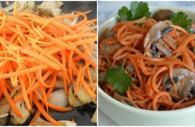 Смачна страва — гливи по-корейські з морквою та цибулею.